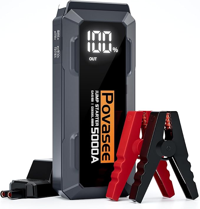 5000A Jump Starter Povasee A40 Car BatteryJump Starter, 12V Jump Box for Car Up to All Gas or 10L Diesel Engine Battery Jumper Starter Portable with 3" LCD Display Power Bank/Dual Output/LED Light