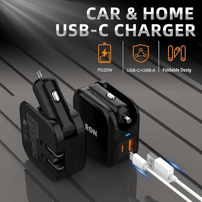 TRON Wall & Car Charger Travel Charging Station, 36W Dual USB-C & USB-A Fast Charger, Foldable for iPhone, iPad, Samsung Galaxy S22/S21, AirPods – TR17