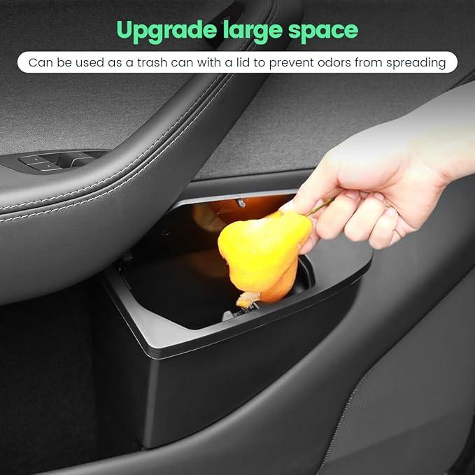 Front Door Storage Organizer Compatible with Tesla Model Y Juniper 2025 2026, 2 PCS Car Trash Can Trash Bin with Push-Open Lid Waterproof Side Door Storage Box - Black