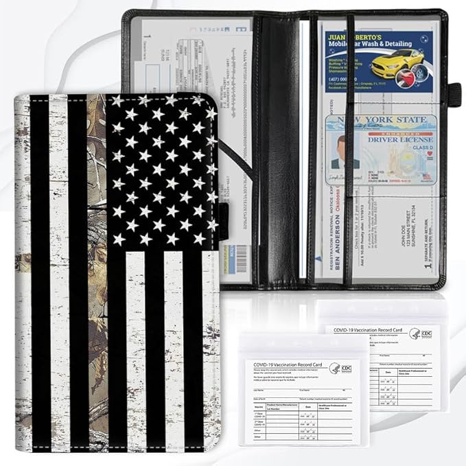 Car Registration and Insurance Card Holder, Vehicle License Documents Glove Box Compartment Organizer Wallet, ID Card Holder for Car Essentials Automobile, Camo American Flag