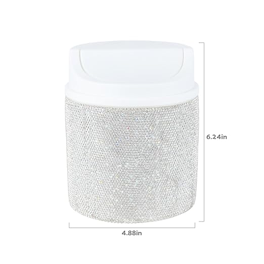 KEYPOWER Bling Rhinestone Mini Plastic Trash Can Cute Small Waste Can with Swing Lid,Suitable for Home Countertop,Car,Table Desk,Office (White)