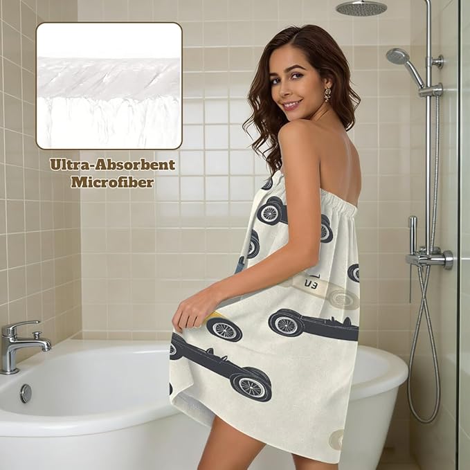 Women's Bath Wrap Vintage Race Cars Print Absorbent Shower Spa Body Bath Robe Wraps Bathrobe Towel with Adjustable Closure