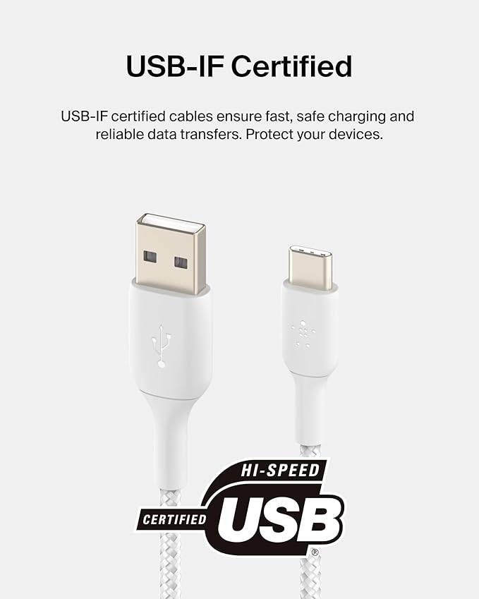 Belkin USB A to USB C Cable, 3.3ft, 15W - Type C Charger, iPhone Charger Cord, Soft, Braided, Flexible for iPhone 17 & 16, Galaxy S25, Pixel 10, iPad Pro, Airpods Pro, Switch & More - White