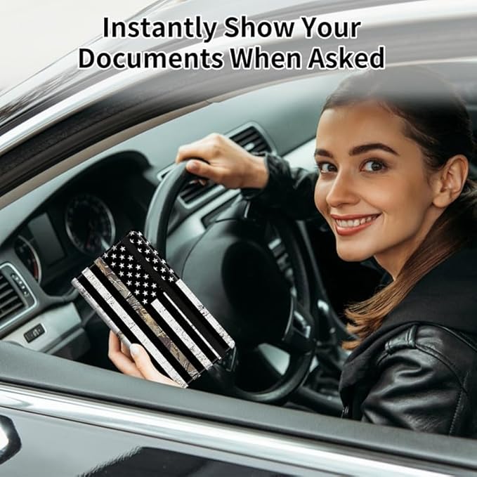 Car Registration and Insurance Card Holder, Vehicle License Documents Glove Box Compartment Organizer Wallet, ID Card Holder for Car Essentials Automobile, Camo American Flag