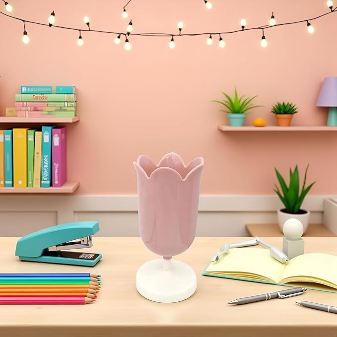 Pink Tulip Pen Holder for Desk, Plastic Stationery Organizer, Cute Desktop Decoration, Seat Back Organizers Consoles and Organizers Office School Supplies
