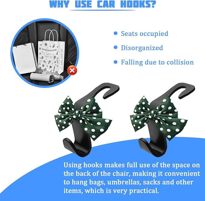 2PCS Car Seat Headrest Hooks, Cute Bow Vehicle Backseat Storage Hanger for Handbag Umbrella Coat, Automotive Seat Back Hook Holder Organizer Decor, Universal for Vehicles (Green Polka Dots)