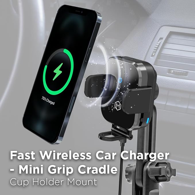Fast Wireless Car Charger Cup Holder Phone Mount - Mini Grip Cradle Version 2.0,15W Qi Charging, Adjustable Stand, Fits iPhone 15, 14, 13, Samsung Galaxy Z Flip 3/4, S24, and More - Secure Auto-Grip