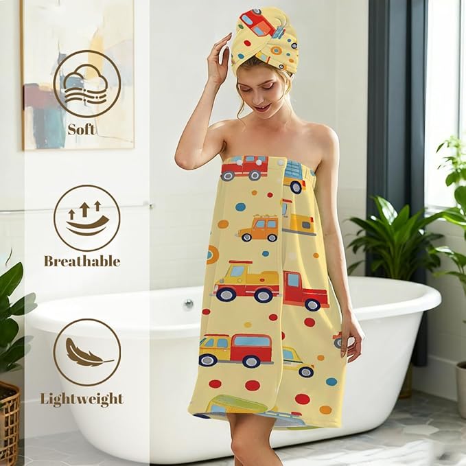 Women Bath Wrap Hair Towel Drying Cap Set Colorful Cars Bus Polka Dots Soft Absorbent Bathrobe Shower Wraps with Adjustable Closure Spa Bath Robe