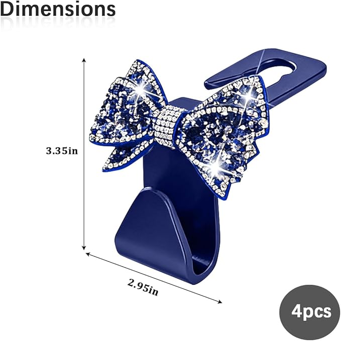 Zpana Bling Car Headreat Hook, 2PCS Crystal Rhinestone Cute Bow Vehicle Seat Back Hanger Storage for Purses Bags Grocery, Diamond Auto Rear Seat Organizer, Universal for SUV Truck Sedan (Blue)