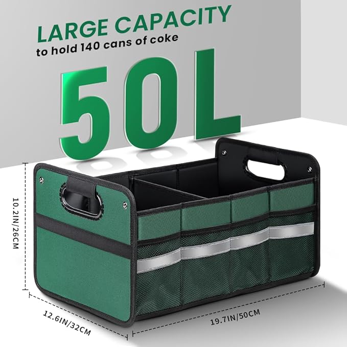 Car Trunk Organizer, Car Storage Organizer, Collapsible Multi Compartment for Car, Suv, Sedan, Truck, 100L, Extra Larger (Green, 50L)