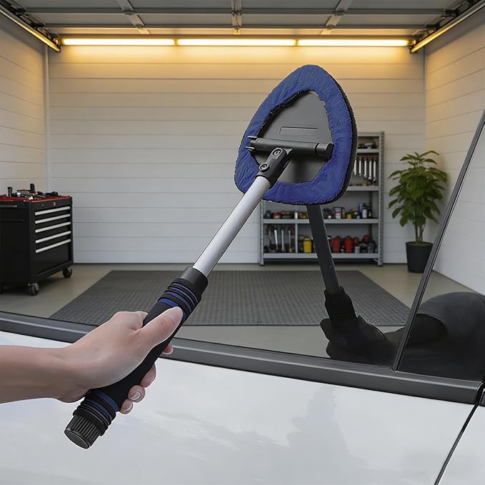 HZEL Car Windshield Cleaner Tool with Extendable Handle, Vehicle Glass Wiper Window Cleaning Tool with 2 Reusable Microfiber Pad, Auto Windscreen Detailing Cleaner Kit, Universal Fit (Triangle Blue)