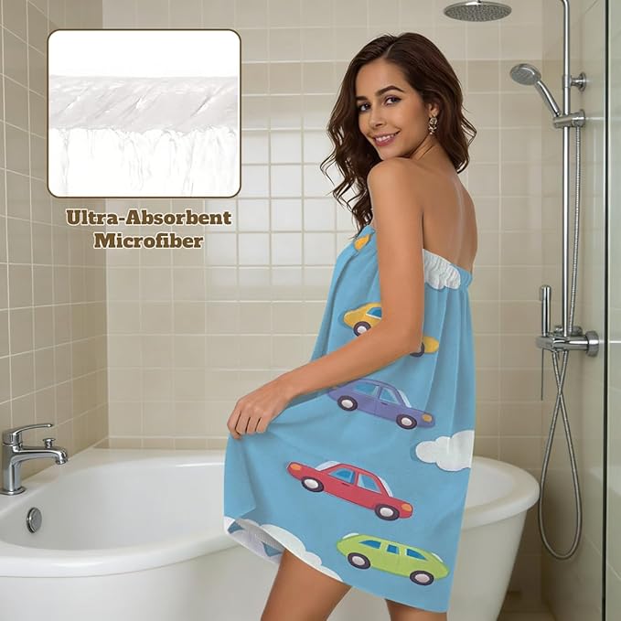 Women's Bath Wrap Cute Adorable Cars Absorbent Shower Spa Body Bath Robe Wraps Bathrobe Towel with Adjustable Closure