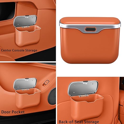 Custom Text Car Trash Can with Lid,Leakproof Auto Garbage Bin & Storage Organizer, Waterproof Car Trash Bag Holder with PU Leather Top for Back of Seat/Door