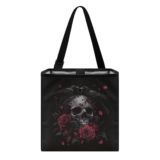 Crow Skull Rose Print Car Trash Can Leakproof Trash Bin Car Garbage Can Hanging Water-Resistant Collapsible Auto Trash Bag Halloween Decor Car Accessories for Women Men
