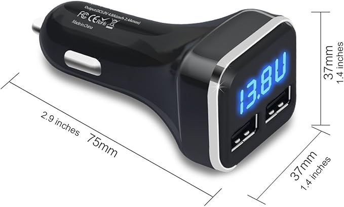 4.8A 24W Dual USB Car Charger Volt Meter Car Battery Monitor with LED Voltage & Amps Display, Cigarette Lighter Adapter, Compatible with iPhone 15 Pro Max Plus 14 Samsung Galaxy S24 iPad Pro