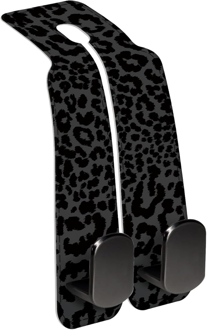Car Seat Back Storage Headrest Hook, Premium Leather Double Metal Hook, Hanger Storage Organizer for Purse Cloth Bag, Car Interior Accessories Luxury Black Leopard