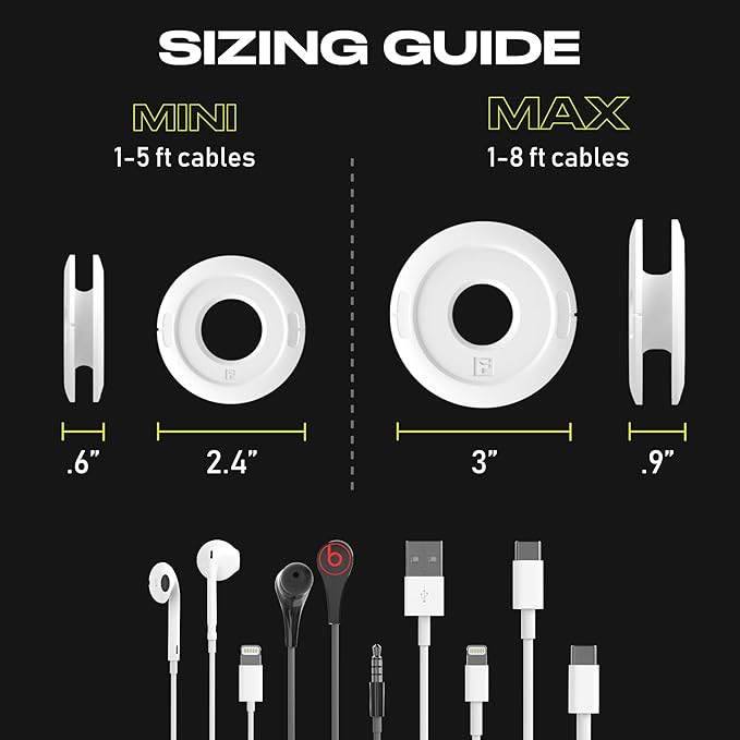 Side Winder Mini and Max Headphone, Earbud and Charging Cable Winder and Organizer Perfect for Wrapping Earbuds and Cords for Travel and Organization 2-Pack (Black, Max)