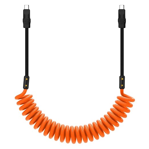 chubbycable Curly Chubby 240W Coiled USB C Cable Retractable Fast Charging Cable for Car Charger Cord Compatible with iPhone 17-15 Series, Orange+Black, Type-C to Type-C, 2.29FT-3.6FT