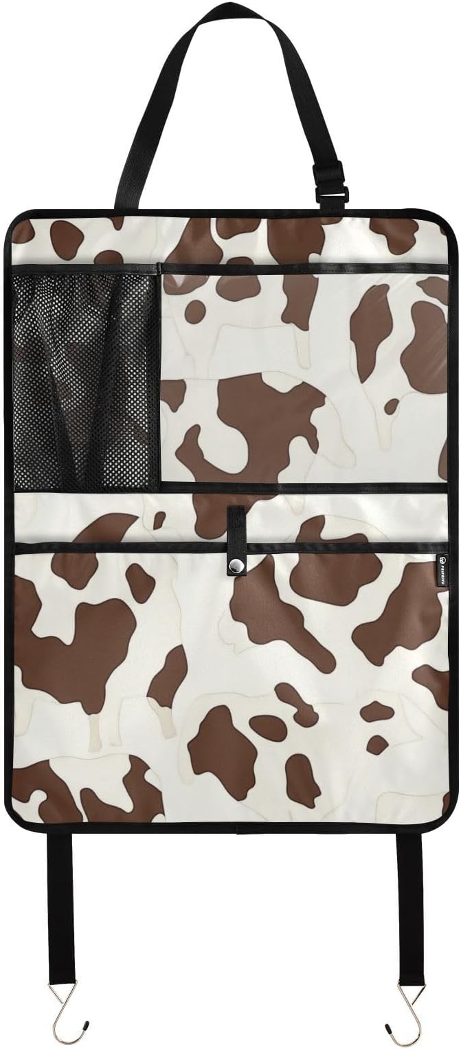 Brown Cow Print 2 Pack Backseat Car Organizer with Storage Pockets Seat Back Organizers for Kids Kick Mats Backseat Protector Automotive