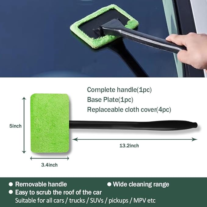 Windshield Cleaner, Window Cleaner Tool, Microfiber Window Cleaning Tool with 4 Washable and Reusable Cloth Pad Head & Extended Handle, Car Accessories for windshield Cleaning