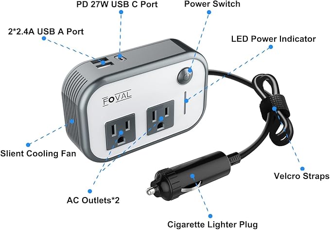 FOVAL 200W Car Power Inverter, DC 12V to 110V AC Car Laptop Charger Fast Charger Converter with [27W PD USB-C] & Dual USB Ports Multi-Protection Car Outlet Adapter Power Inverter for Vehicles
