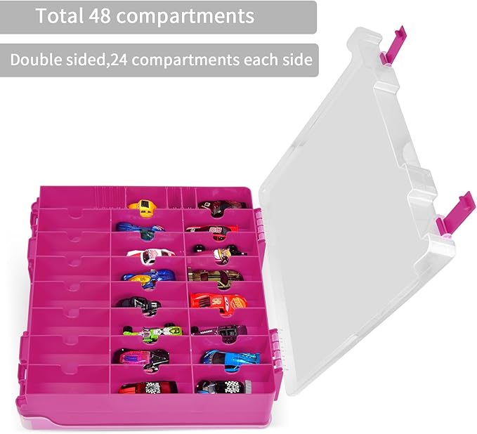 Double Sided Toy Storage Organizer Case for Hot Wheels Car, for Matchbox Cars, for Mini Toys, for Small Dolls. Carrying Box Container Carrier with 48 Compartments - Purple (Box Only)