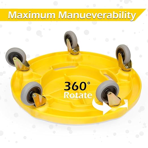 MaxWorks 51192 Round Trash Can High Visibility Yellow Dolly with 5 Swivel Casters 18 inch Dolly for 20 32 44 55 Gallon Containers Twist ON & Off Great for Shops Garages Car Detailing