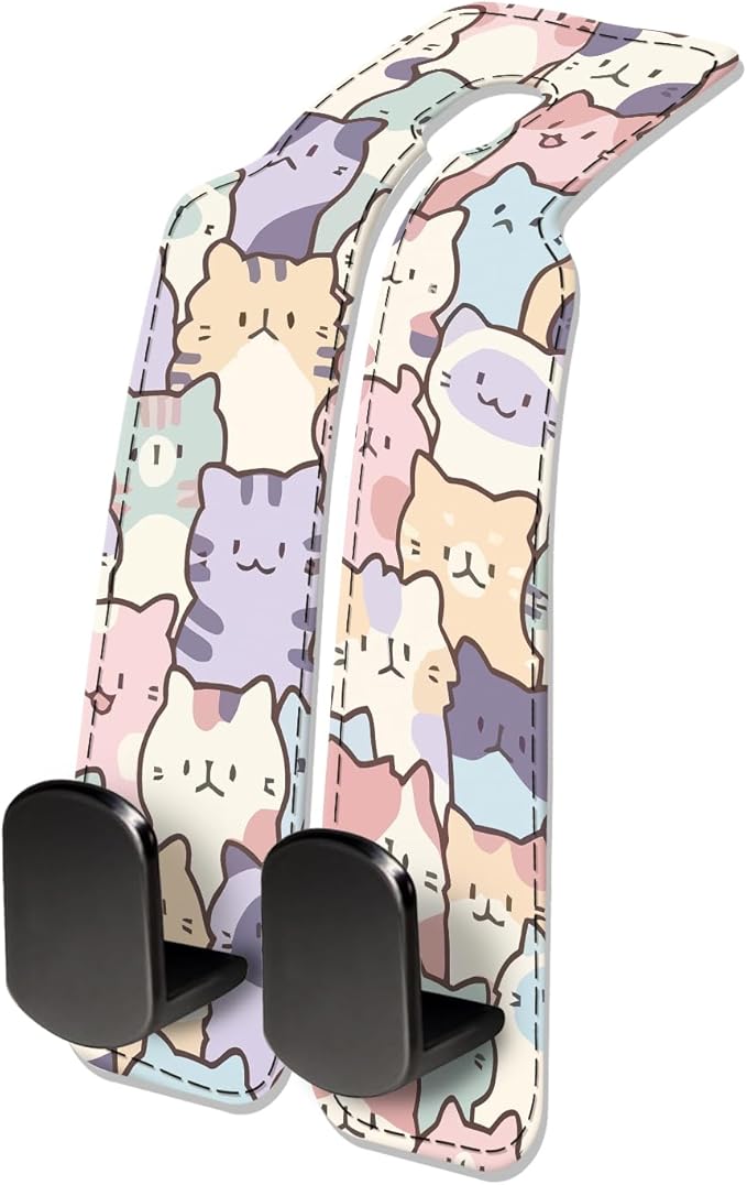 Car Seat Headrest Hook, Universal Leather Cute Hanger Holder Hook, Storage Organizer Interior Accessories for Purse Bags Handbag Colorful Cute Cats