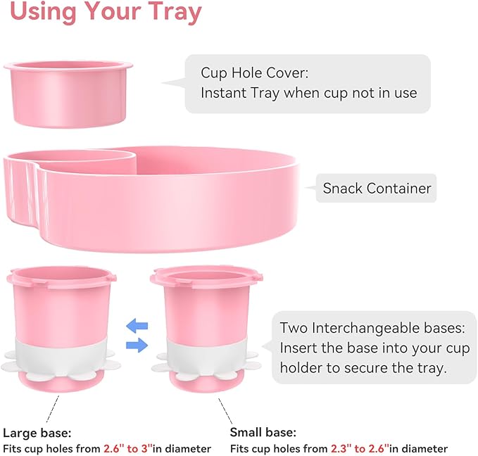 Kids Car Seat Cup Holder Snack Tray - Toddler Travel Essentials for Mess-Free Snacking on Road Trips, Travel Accessory Compatible with Safety Seats & Strollers Console, Pink