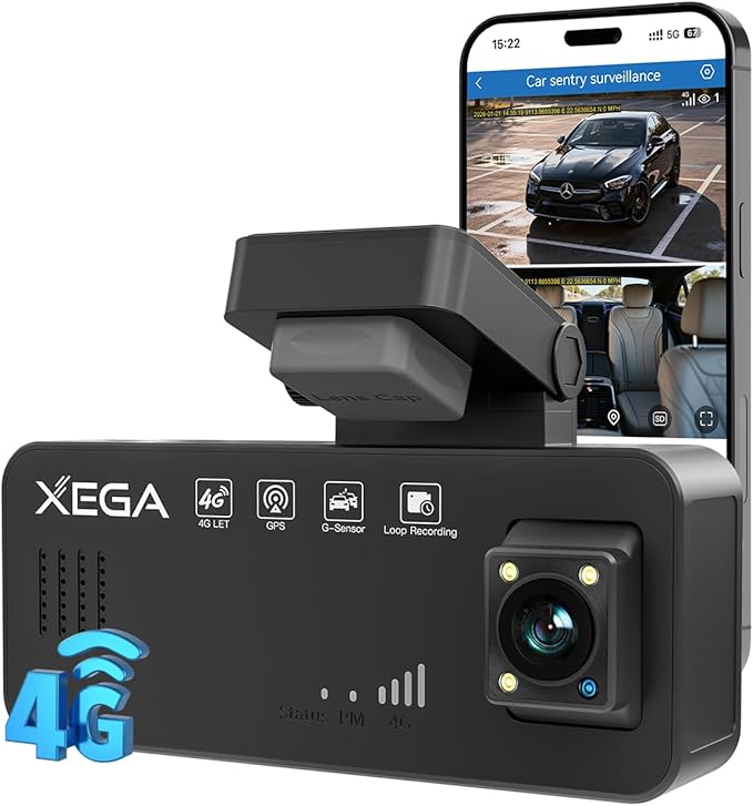 XEGA 2K 4G LTE Dash Cam Front and Inside, Remote Live-View Car Security Camera, No WiFi Needed, Anti-Theft Sentry Mode, Radar Parking Monitor, GPS Tracking, OBD Powered, Built-in SIM (Trial Included)