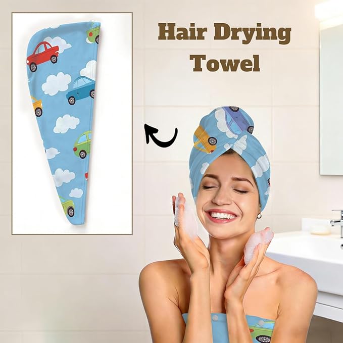 Women Bath Wrap Hair Towel Drying Cap Set Colorful Adorable Cars Clauds Soft Absorbent Bathrobe Shower Wraps with Adjustable Closure Spa Bath Robe