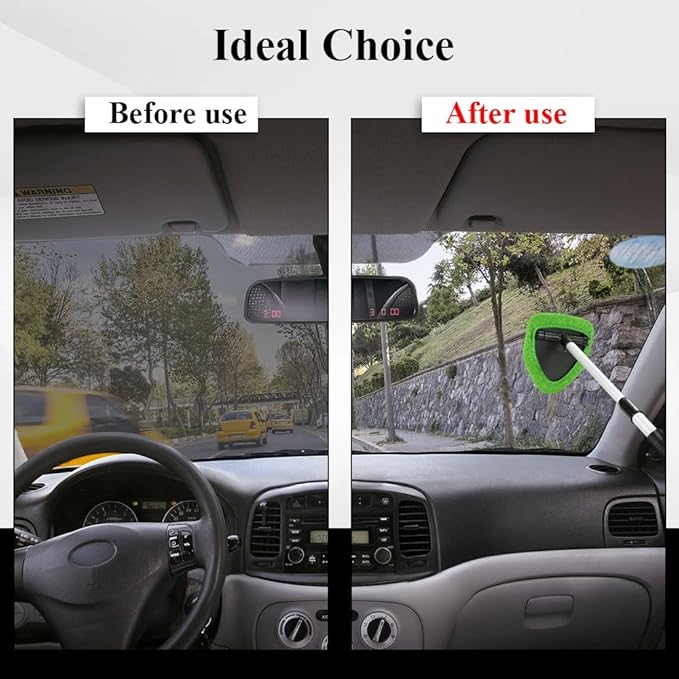 Windshield Cleaning Tool, Car Window Cleaner, Windshield Cleaner with 4 Washable Reusable Microfiber Pads and Extendable Handle, Auto Glass Wiper Cleaning Kit Universal for Car (Green)