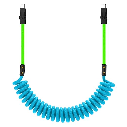 chubbycable Curly Chubby 240W Coiled USB C Cable Retractable Fast Charging Cable for Car Charger Cord Compatible with iPhone 17-15 Series, Blue+Green, Type-C to Type-C, 2.29FT-3.6FT