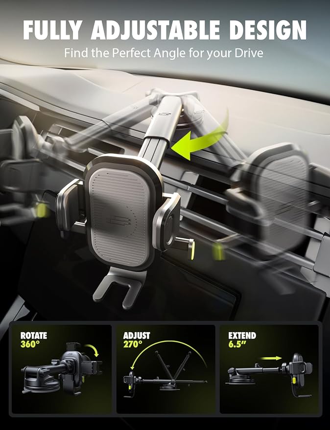 Bracketron 3-in-1 Universal Car Phone Mount - Dashboard, Windshield & Air Vent Cell Phone Holder for Truck - Easy One-Touch Hands-Free Clamp, Heavy Duty Suction Cup, 360 Rotation Telescoping Arm