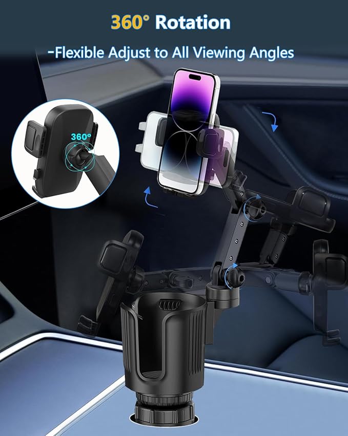 Cup Phone Holder for Car Cup Holder with Expandable Base, Detachable Dual Cellphone Holder Cupholder Car Mount with Long Arm Universal Fit iPhone and Large Bottle, for Truck SUV