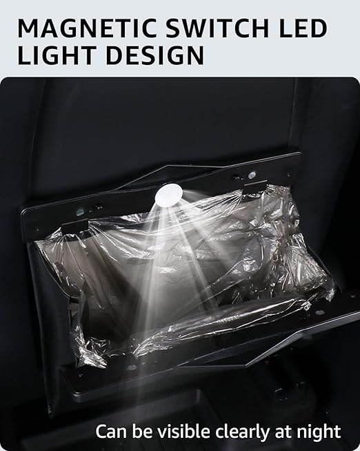 Motrobe Tesla Model 3 Trash Can 2017-2023 Garbage Bag 1PCS [Magnetic+LED 2-in-1] Waterproof Backseat Hanging Garbage Bin with 2.5 Gallons Faux Leather Model 3 Interior Accessories