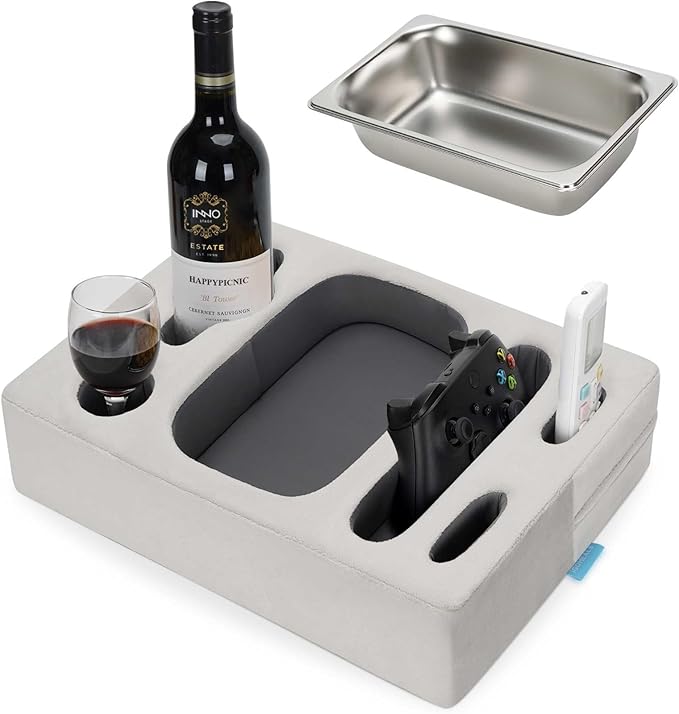 INNO STAGE Couch Cup Holder Pillow - Sofa Cup Holder with Stainless Steel Bowl Couch Drink Caddy Remote Snacks Cozy Mug Cupholder Buddy for Bed, Car, Man Cave, Rv, Tv, Backseat (Silver)