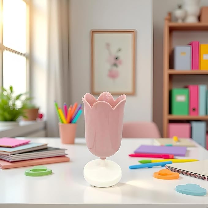 Pink Tulip Pen Holder for Desk, Plastic Stationery Organizer, Cute Desktop Decoration, Seat Back Organizers Consoles and Organizers Office School Supplies