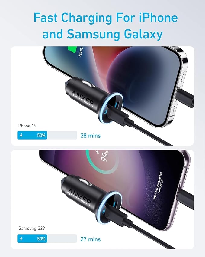 Anker 323 USB-C Car Charger Adapter, 52.5W Cigarette Lighter Charger with 30W PowerIQ 3.0 Fast Charging for iPhone 17/16/15/14/13/12 Series, Galaxy S25/24, Pixel