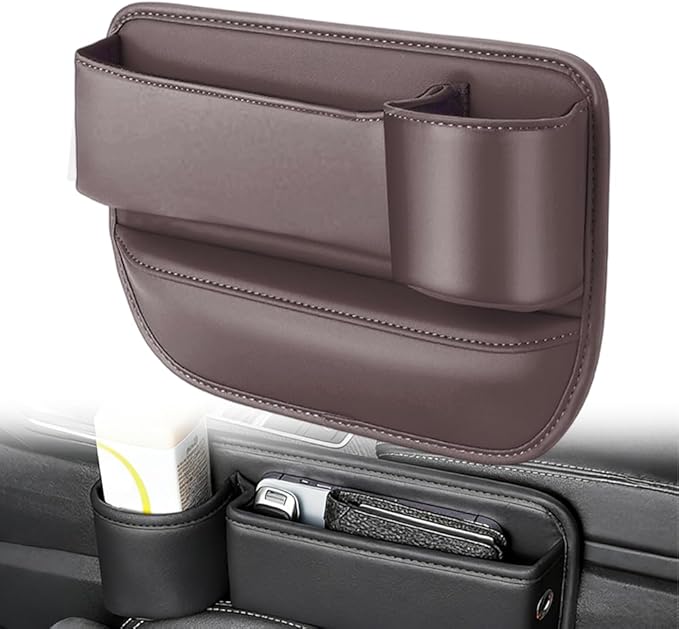 Car Leather Cup Holder Gap Bag, Adjustable Car Seat Gap Storage Box Leather with Cup Holder, for Keys, Cards, Phone, Sunglasses, Multi-Purpose Essentials Organizer (Brown, Passenger Seat)