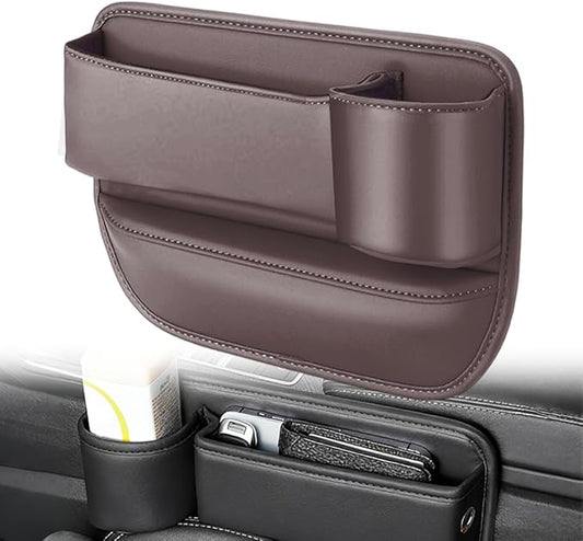 Car Leather Cup Holder Gap Bag, Adjustable Car Seat Gap Storage Box Leather with Cup Holder, for Keys, Cards, Phone, Sunglasses, Multi-Purpose Essentials Organizer (Brown, Passenger Seat)