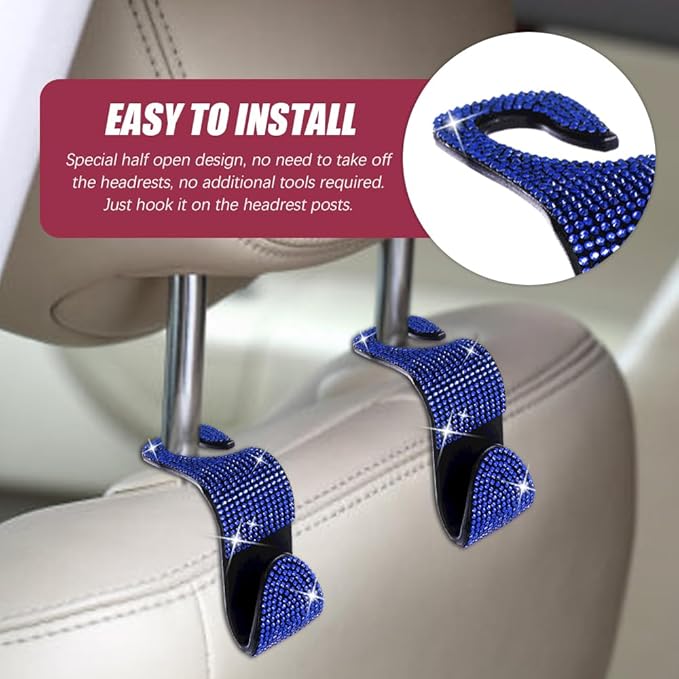 deemars 2 Pack Car Seat Headrest Hook, Bling Car Hooks Front Seat, Back Seat Organizer Hanger Storage Hook Car Purse Hook for Bags, Clothes, Coats, Grocery Bags (Blue)