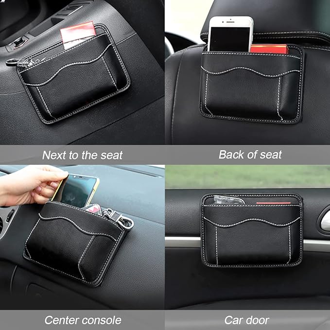 Car Seat Side Pocket Organizer, PU Leather Mini Storage Bag for Auto Door Window Console, Pen Phone Holder Tray Pouch Vehicle Seat Gap Filler for Organize Document, Registration, Notepad (Black)