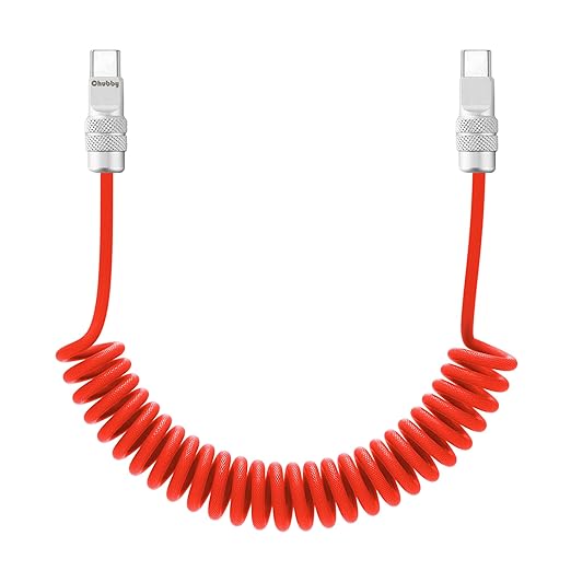 chubbycable Curly Chubby 240W Coiled USB C Fast Charging Cable Durable Braided Charger Cord for Car Compatible with iPhone 17-15 Series iPad, Red, Type-C to Type-C, 2.13FT-6.56FT