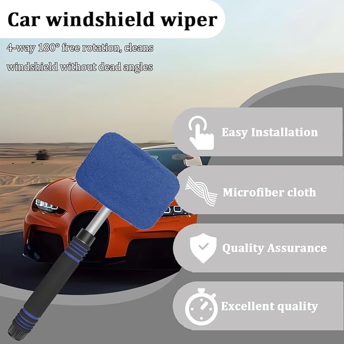 HZEL Car Windshield Cleaner Tool with Extendable Handle, Vehicle Glass Wiper Window Cleaning Tool with 2 Reusable Microfiber Pad, Auto Windscreen Detailing Cleaner Kit, Universal Fit (Square Blue)