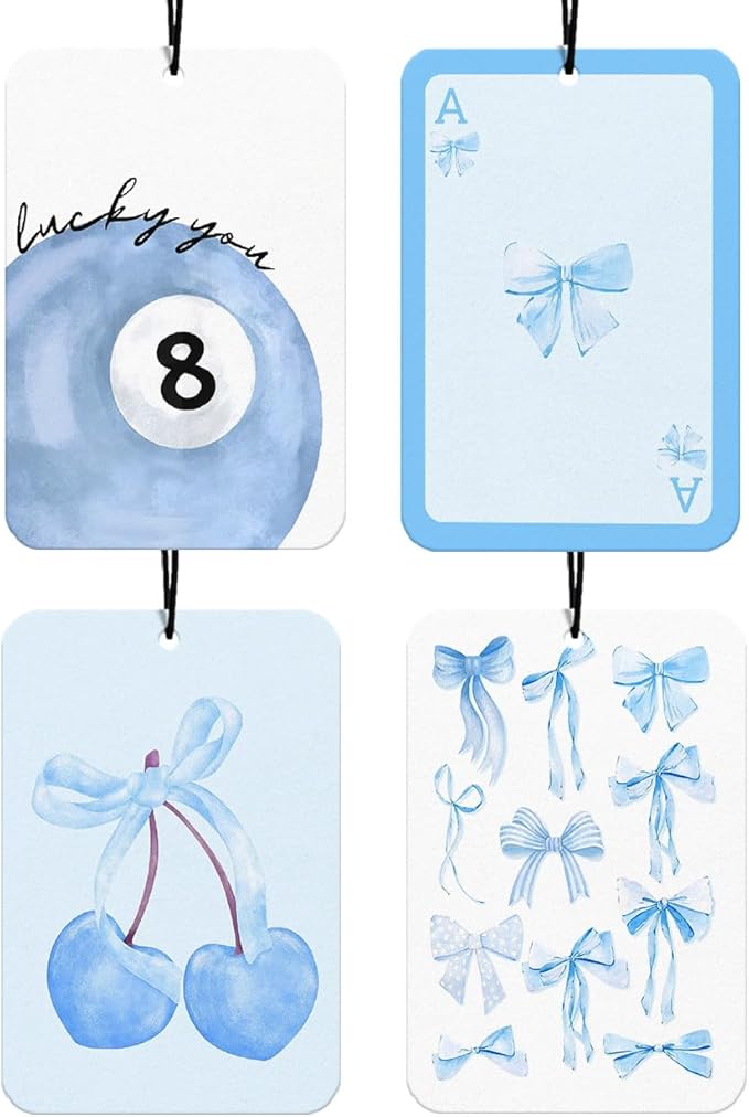 Blue Coquette Bows Car Air Freshener 4Pcs, Blue Retro Cherry Car Accessories Interior, Lucky You Bows Aesthetic Cars Decor Trendy Y2K Kawaii Girly Air Freshie Preppy Gifts for Women Girls (Vanilla)