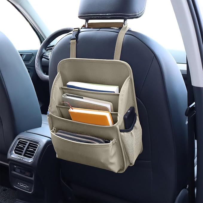 Front Seat Organizer Car Upholstery Leather Passenger Seat Storage Bag Large Durable Car Organizer with Adjustable Strap Multiple Compartments Mesh Bags Cup Holders (beige)