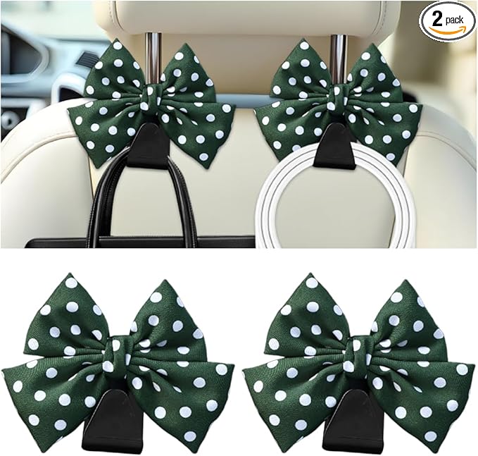 Cute Bow Car Seat Headrest Hooks, 2PCS Multifunctional Vehicle Rear Seat Hanging Hooks, Automotive Interior Seatback Storage Organizer for Purses Bags, Universal Fit (Green/Polka Dot)