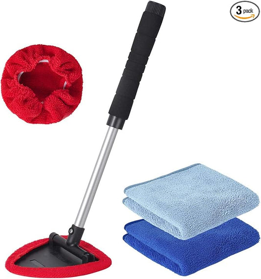 Windshield Cleaner Tool, Car Wash Brush, Car Window Cleaner Tool with Extendable Handle and 2 Pack Washable Reusable Cloth, Car Cleaning Supplies, Car Wash Brush with Long Handle
