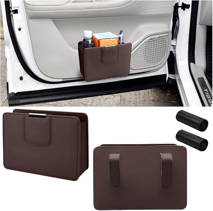 Car Trash Can, Leather Auto Garbage Bin, Magnetic Litter Storage Container, Mini Portable Foldable Vehicle Interior Hanging Dustbin Accessories, Universal for SUV, Truck, RV（Brown）
